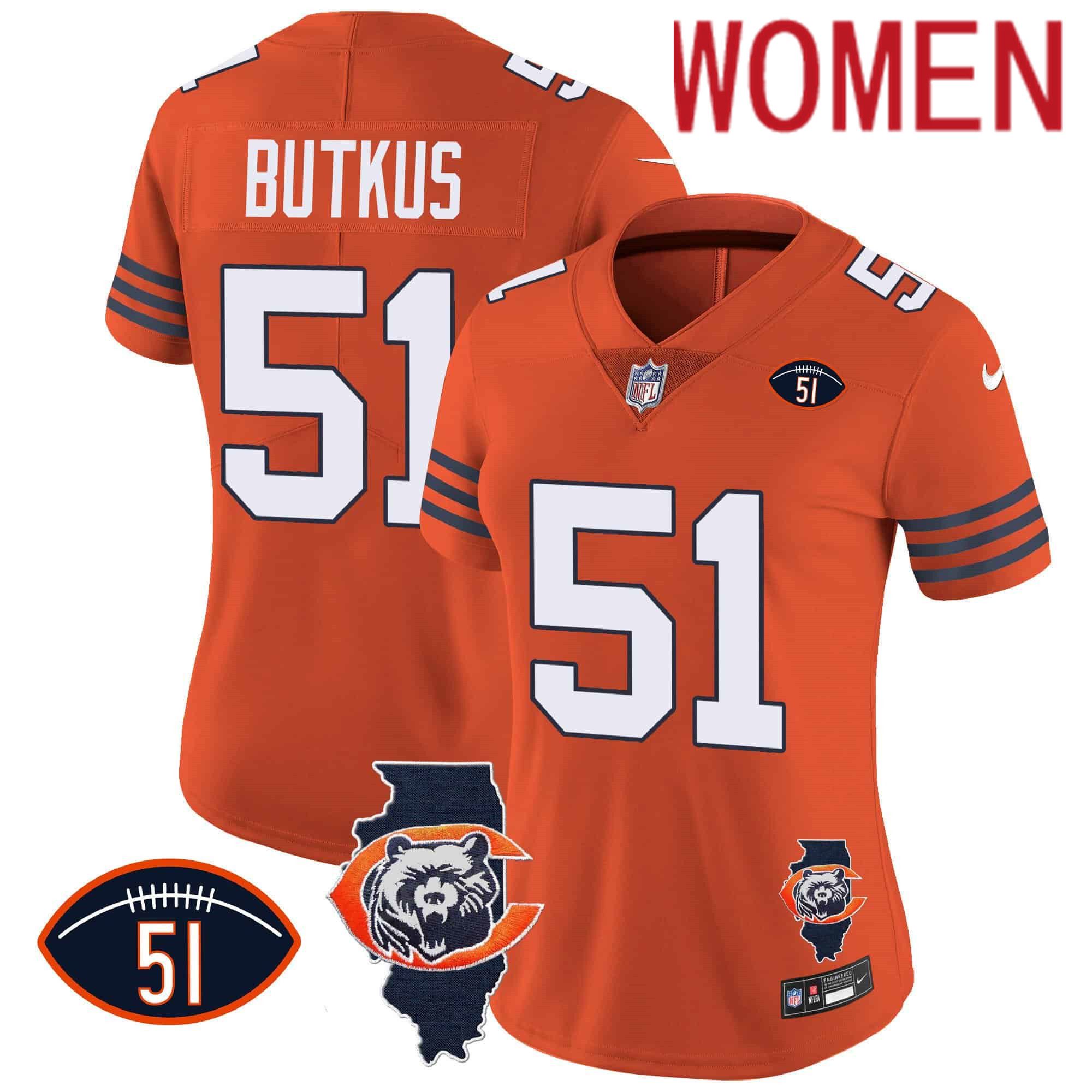 Women Chicago Bears 51 Butkus Orange 2024 Nike Throwback Illinois Patch Vapor NFL Jersey